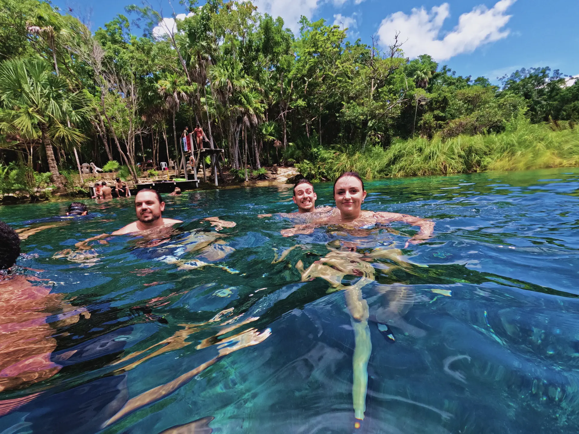 Guests enjoying a refreshing swim in a serene cenote surrounded by lush jungle during a Tulum private tour by Carey Tours