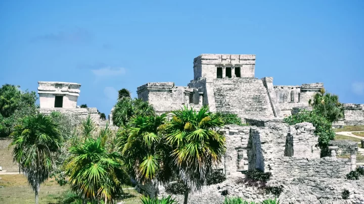 Ancient Mayan ruins of Tulum surrounded by lush greenery and palm trees, offering a tranquil atmosphere by Carey Tours.