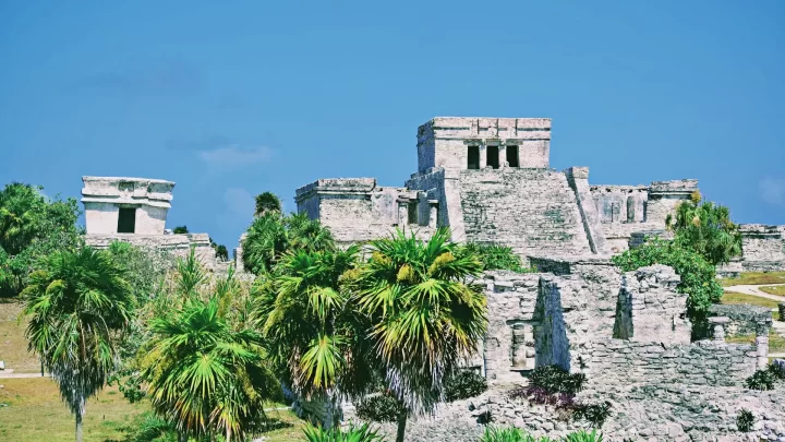 Exploring the ancient ruins of Tulum surrounded by lush greenery and vibrant palm trees by Carey Tours.