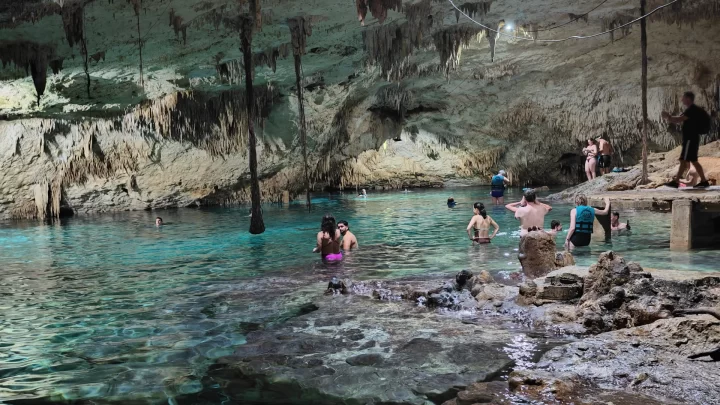 Visitors enjoying a tranquil swim in a stunning cenote surrounded by lush jungle in Tulum, an authentic experience by Carey Tours
