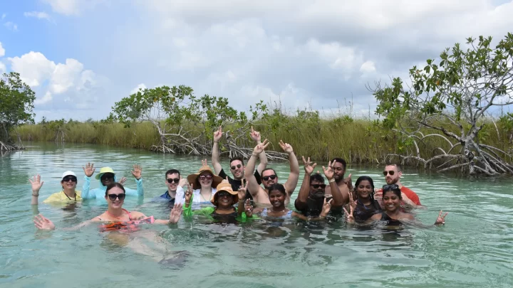 Group enjoying a serene swim in a picturesque lagoon surrounded by lush vegetation, part of a private tour by Carey Tours.